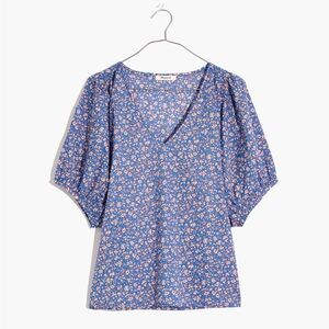 Madewell V-Neck Puff-Sleeve Top in Summer Vines size L blue pink floral